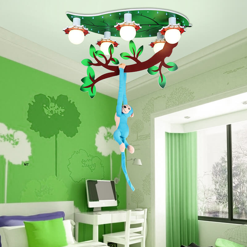 Contemporary Creative Kids Monkey Leaf Acrylic 5-Light Flush Mount Ceiling Light For Bedroom