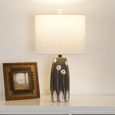Japanese Minimalist Vintage Plum Blossom Ceramic Fabric 1-Light Table Lamp