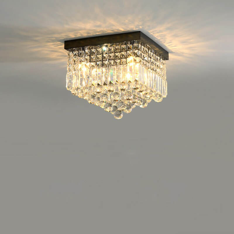 Traditional European Square Crystal Beaded Curtain 4-Light Flush Mount Ceiling Light For Living Room