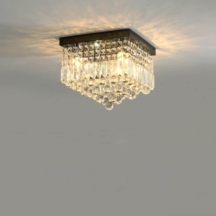 Traditional European Square Crystal Beaded Curtain 4-Light Flush Mount Ceiling Light For Living Room