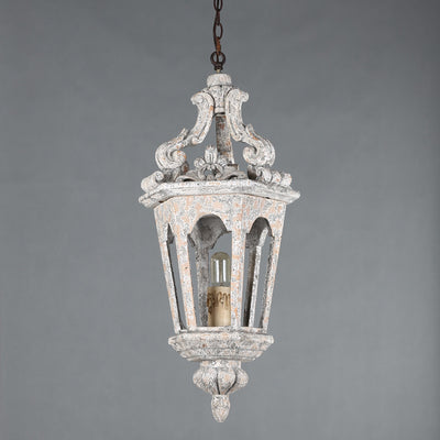 French Vintage Solid Wood Carved Hexagonal Cage 1-Light Pendant Light