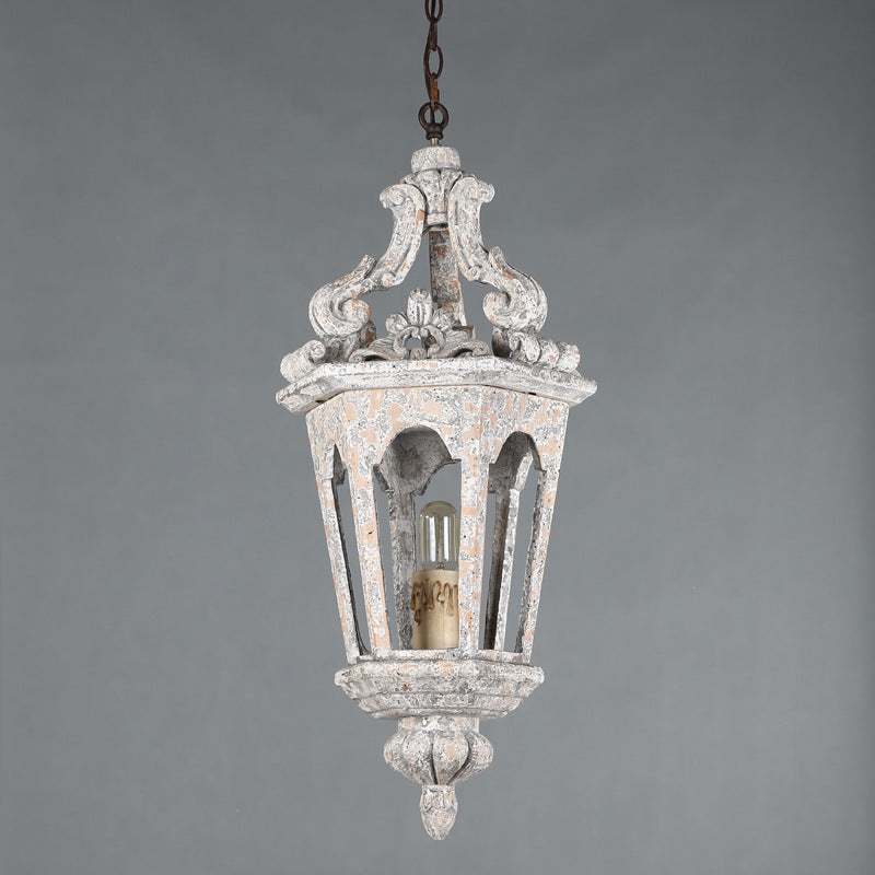 French Vintage Solid Wood Carved Hexagonal Cage 1-Light Pendant Light