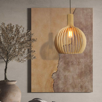 Traditional Japanese Round Rattan 1-Light Pendant Light For Living Room