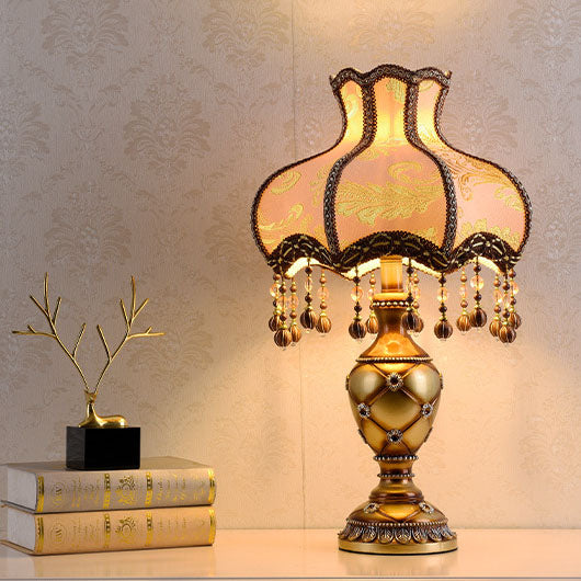 European Vintage Fabric Tassel Bead Resin 1-Light Table Lamp