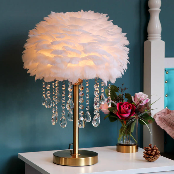 Lámpara de mesa contemporánea y creativa de hierro con plumas, cristal redondo y borlas, de 1 luz, para dormitorio 