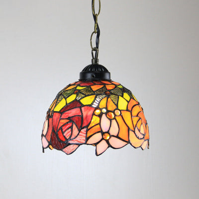 Tiffany Rustic Rose Beads Stained Glass 1-Light Pendant Light