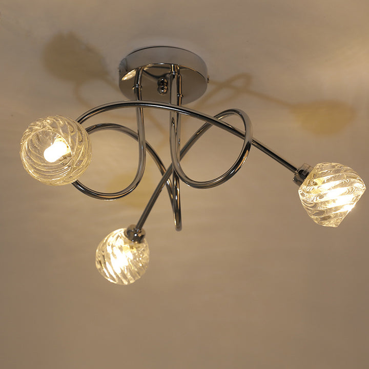 Modern Luxury Iron Glass Twisted Lines Curved 3-Light Semi- Flush Mount Ceiling Light for Living Room