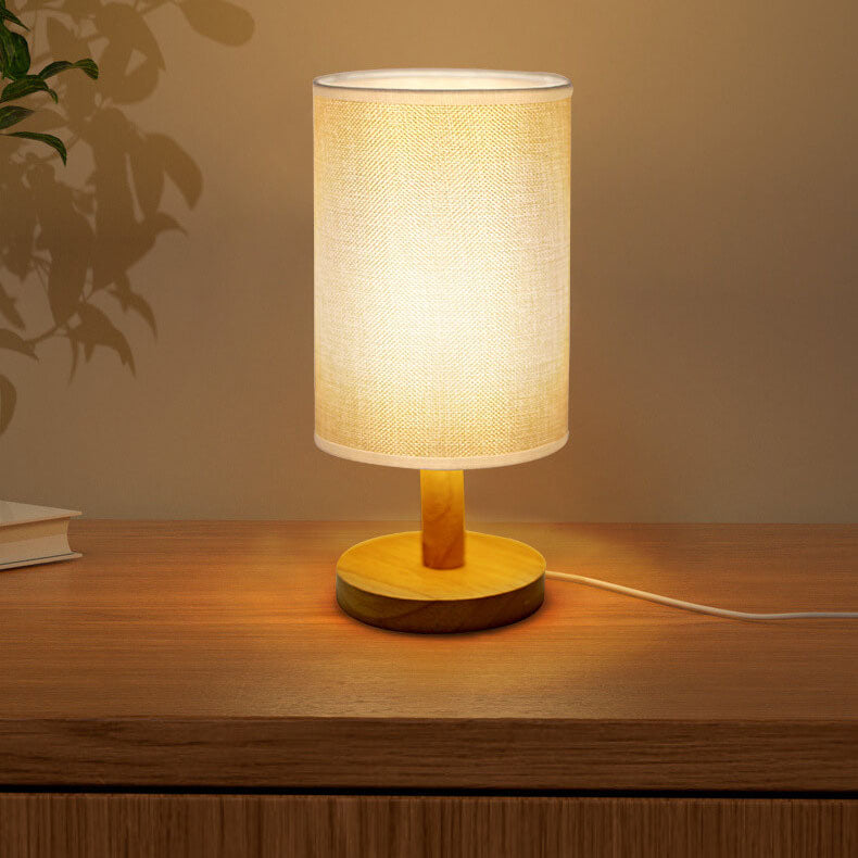 Minimalist Minimalist Fabric Cylinder Wood Hardware Base LED Table Lamp for Living Room