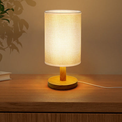 Minimalist Vintage Fabric Cylinder Wood Base LED Table Lamp