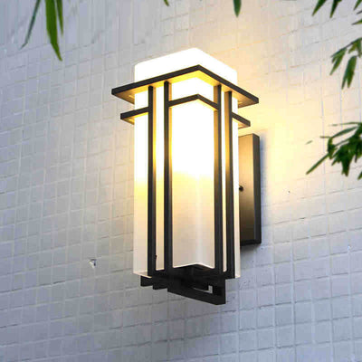 Chinese Vintage Rectangular Glass Lampshade 1-Light Outdoor Wall Sconce Lamp