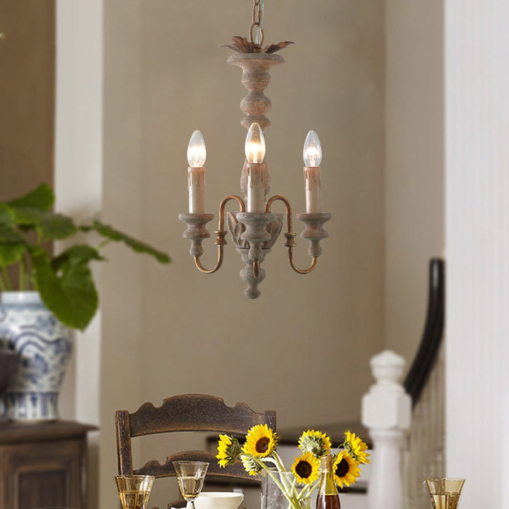 Traditional French Solid Wooden Iron Candle Holder 3-Light Chandelier for Living Room