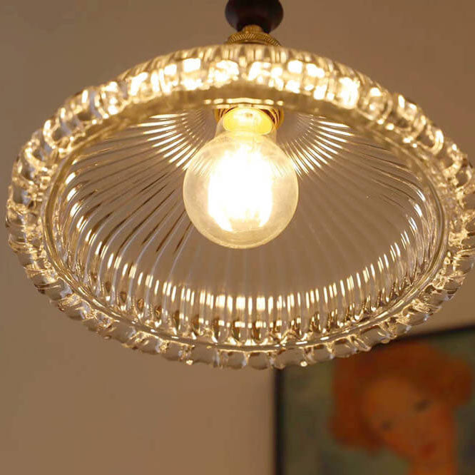 Traditionelle Vintage-Pendelleuchte mit Glas-Blumenschirm, Messing und Walnussholz, 1-flammig, für das Wohnzimmer 