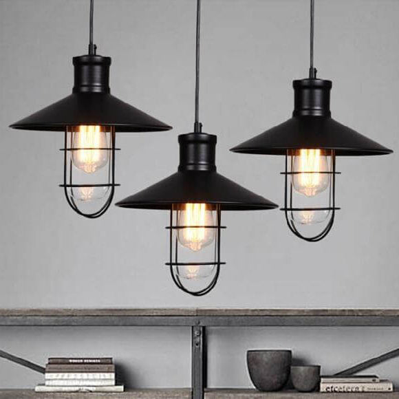 Contemporary Industrial Round Black Cage Iron 1-Light Single Bell Pendant Light For Living Room