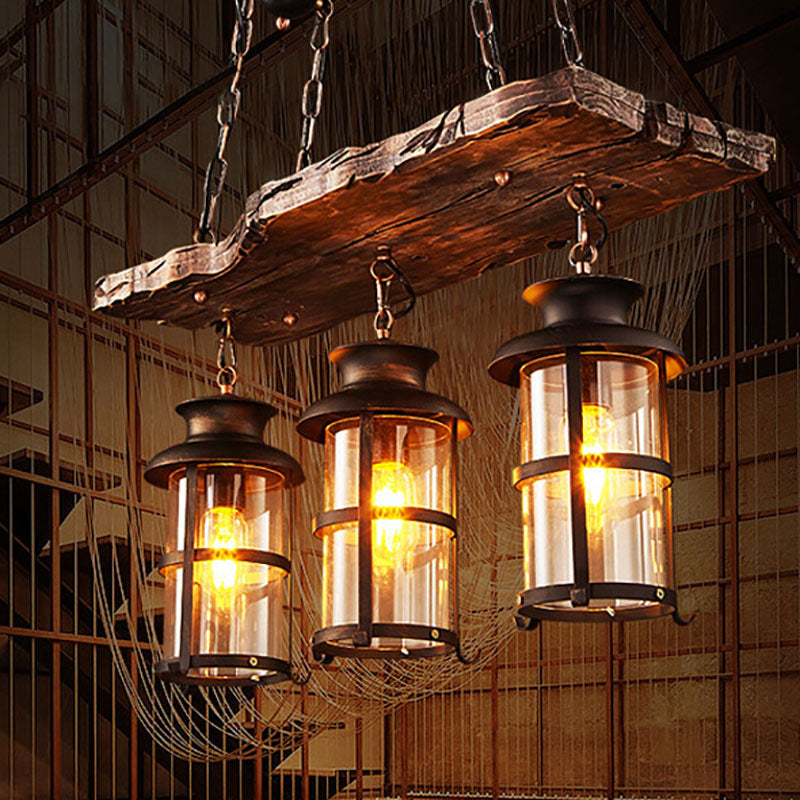 Lustre à 3 lumières en fer avec bande boisée de style ferme traditionnelle pour salle à manger 