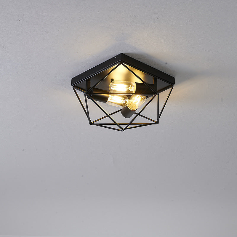 Vintage Industrial Black Iron Diamond Geometry 3-Light Flush Mount Ceiling Light