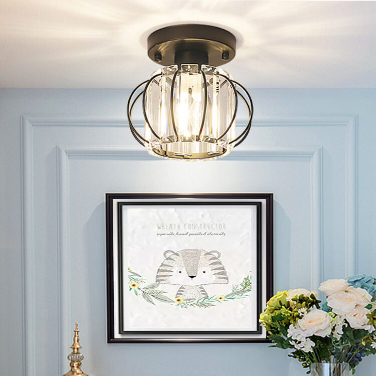 European Light Luxury Golden Black Iron Crystal 1-Light Semi-Flush Mount Ceiling Light