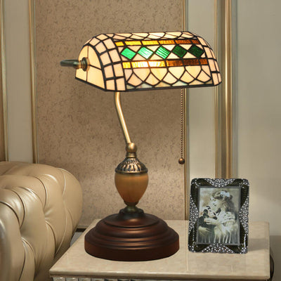 Vintage Tiffany Diamond Line Stained Glass 1-Light Bank Table Lamp