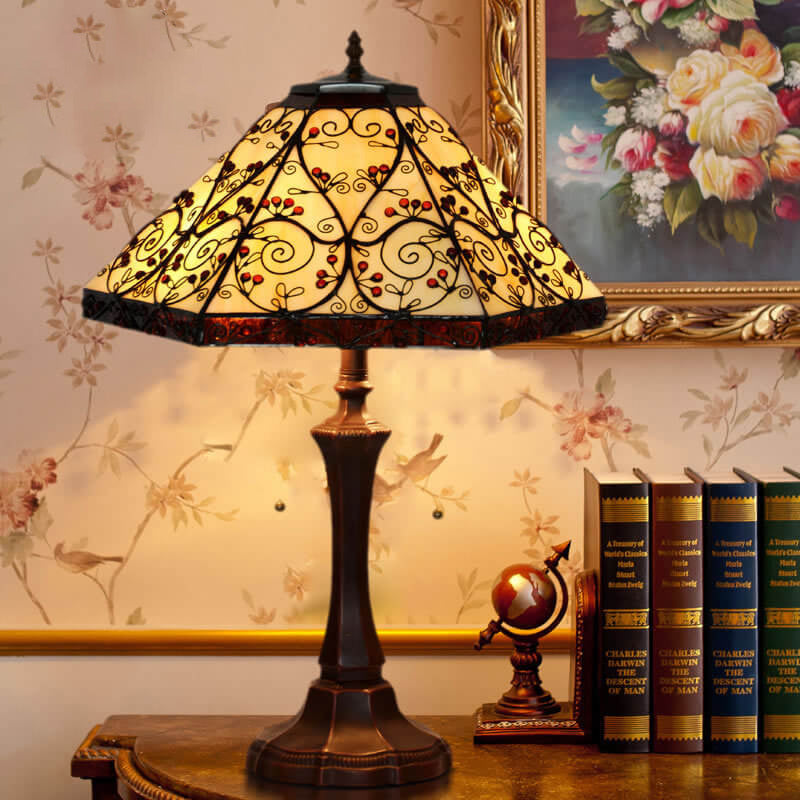 Lampe de Table à 2 Lumières en Verre Coloré Hexagonal à Motif Vigne de Tiffany Européen 