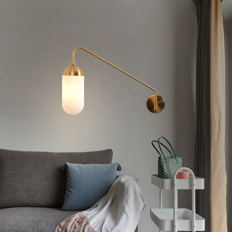 Zeitgenössische nordische Eisen-Glas-Säulen-Wandlampe mit 1 Licht und schwenkbarem Arm, langem Stab, für Wohnzimmer und Schlafzimmer 