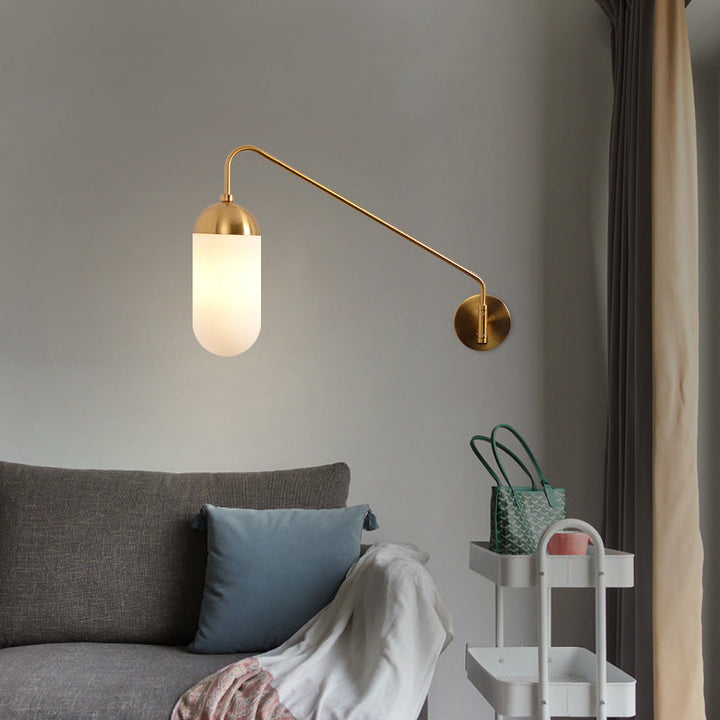 Zeitgenössische nordische Eisen-Glas-Säulen-Wandlampe mit 1 Licht und schwenkbarem Arm, langem Stab, für Wohnzimmer und Schlafzimmer 