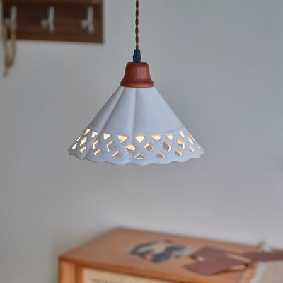 Japanese Minimalist Funnel-Shaped Hollow Ceramic 1-Light Pendant Light