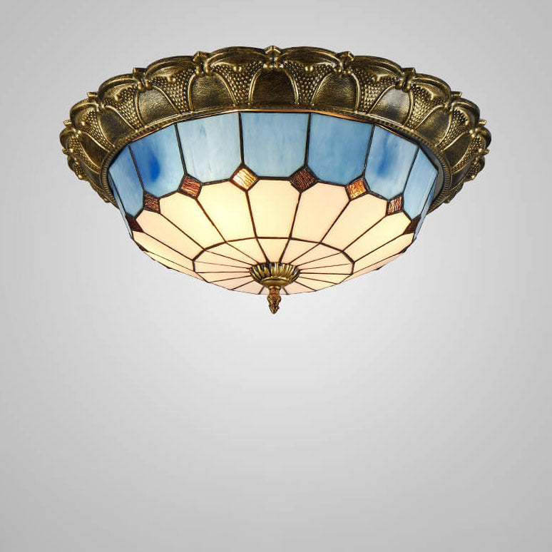 Tiffany Mediterranean Stained Glass Round LED Flush Mount Ceiling Light