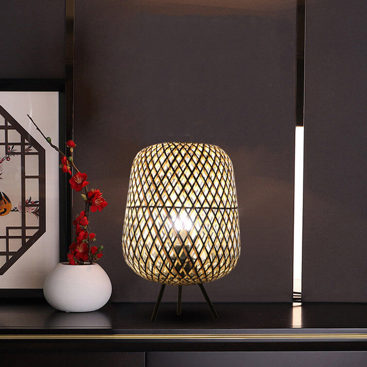 Vintage Japanese Rattan Weaving Oval Ball 1-Light Table Lamp