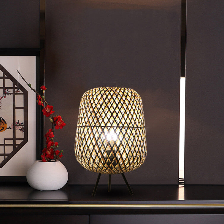 Vintage Japanese Rattan Weaving Oval Ball 1-Light Table Lamp