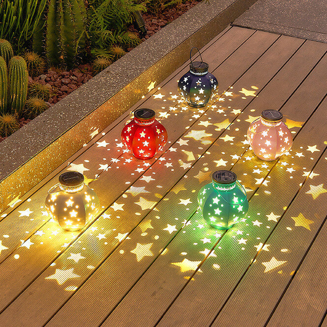 Creative Solar Iron Pentagram Hollow Decor Lantern LED Portable Patio Lawn Light