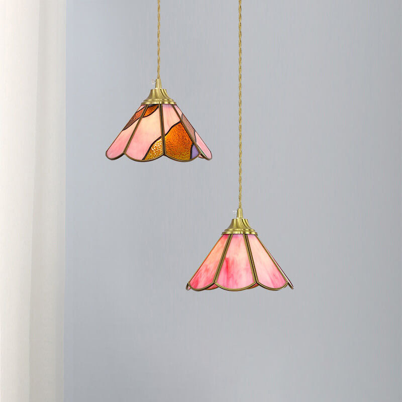 Nordic Brass Stained Glass Flower Cone 1-Light Pendant Light