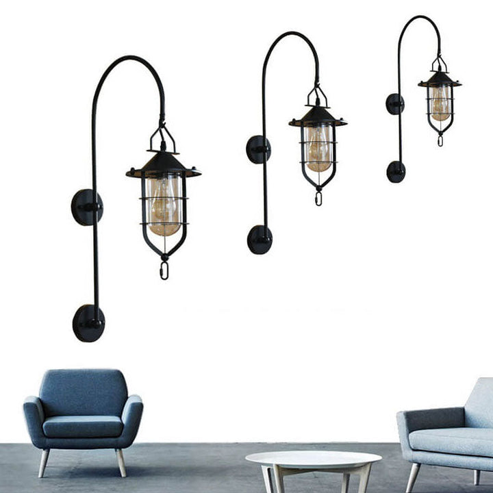 Contemporary Industrial Iron Glass Cage Curved Arm 1-Light Wall Sconce Lamp For Living Room &amp; Bedroom