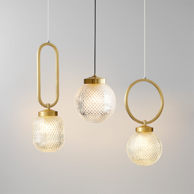 Modern Luxury Striped Glass Copper Round Ball Ring 1-Light Pendant Light for Living Room