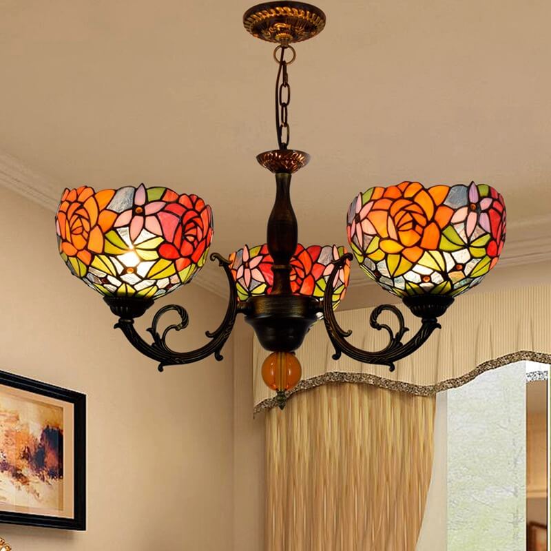 Lámpara de araña de 3 luces de vidrio de colores con diseño de rosa vistosa estilo Tiffany europea 