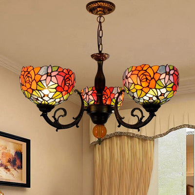 European Tiffany Showy Rose Stained Glass 3-Light Chandelier
