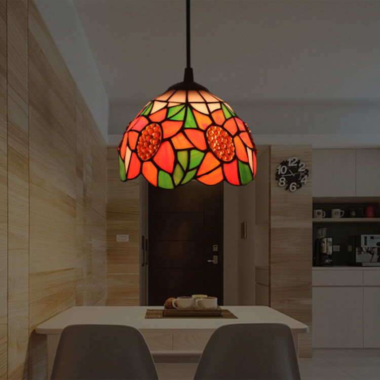 European Tiffany Sunflower Dome Stained Glass 1-Light Pendant Light