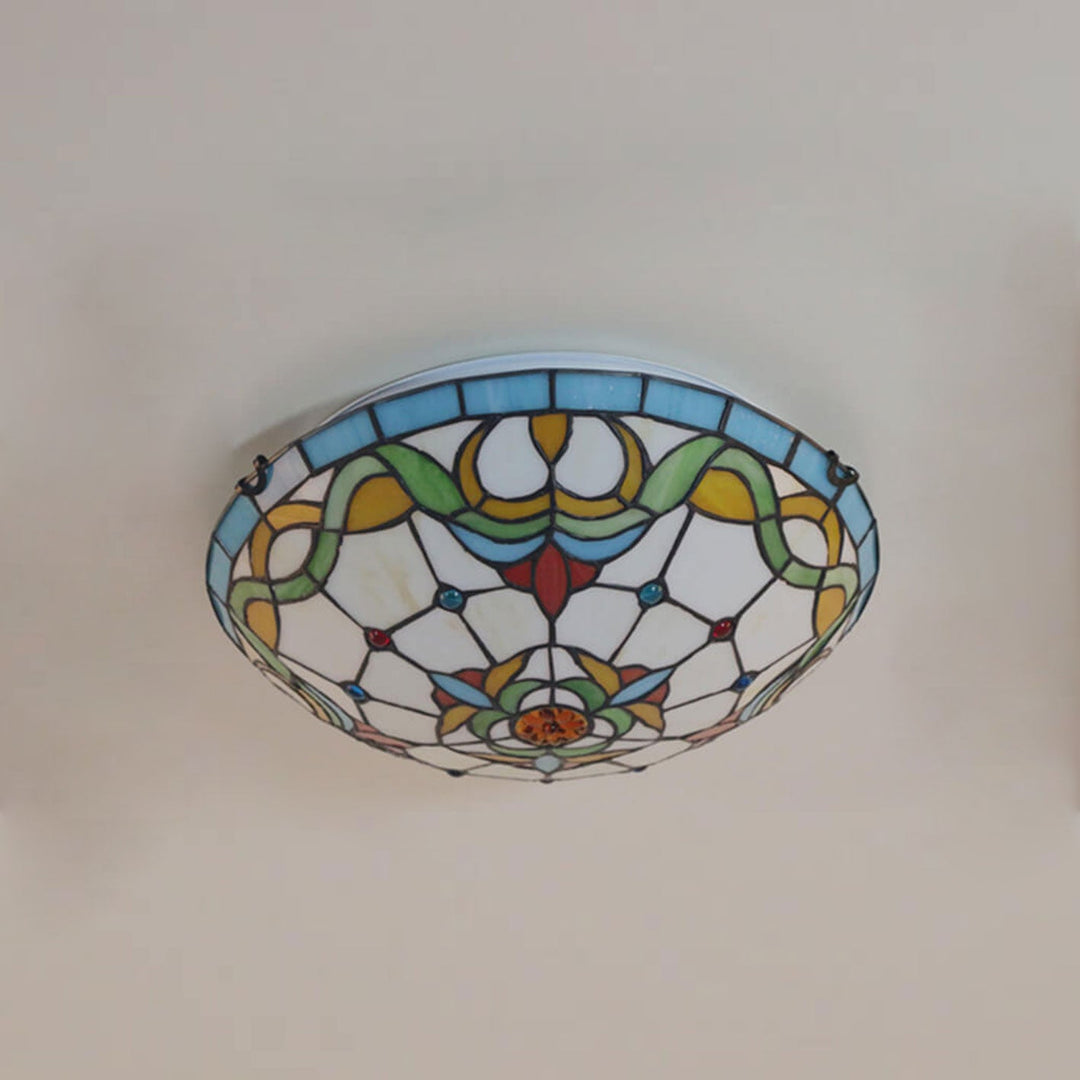 European Tiffany Flowers Stained Glass 3-Light Flush Mount Ceiling Light