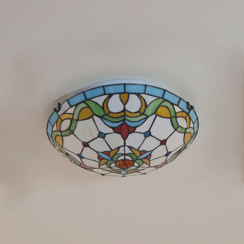 European Tiffany Flowers Stained Glass 3-Light Flush Mount Ceiling Light