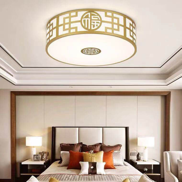 Traditional Chinese Round Fabric Drum LED Flush Mount Ceiling Light For Living Room