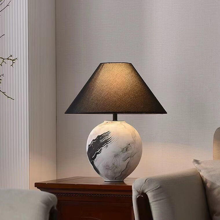 Chinese Retro Ink Painting Decorative Ceramic Fabric Shade 1-Light Table Lamp