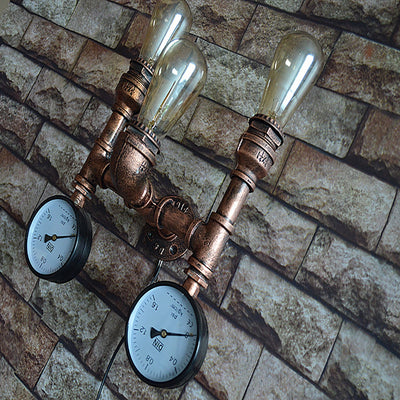 Vintage Industrial Iron Pipe Water Meter 3-Light Wall Sconce Lamp