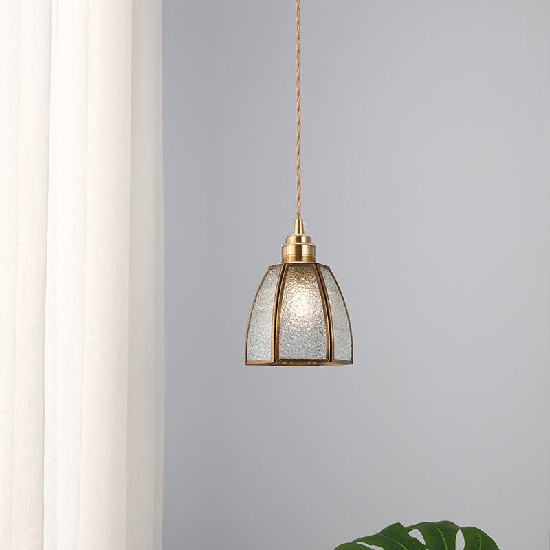 Lámpara colgante vintage tradicional de 1 luz con pantalla cónica de vidrio y cobre para sala de estar 