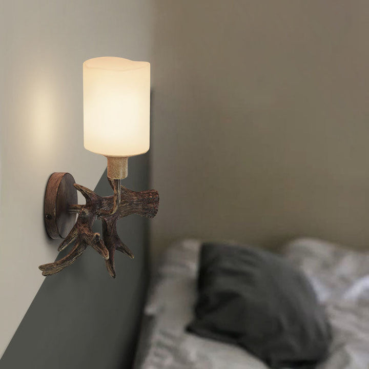 Contemporary Industrial Antler Resin Glass Cylinder 1-Light Wall Sconce Lamp For Living Room &amp; Bedroom