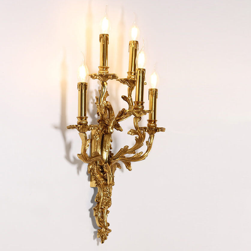 Traditional French Copper Candle Carved 5-Light Wall Sconce Lamp For Living Room
