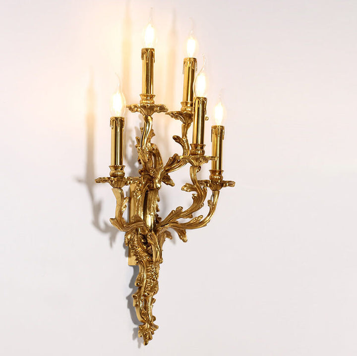 Traditional French Copper Candle Carved 5-Light Wall Sconce Lamp For Living Room