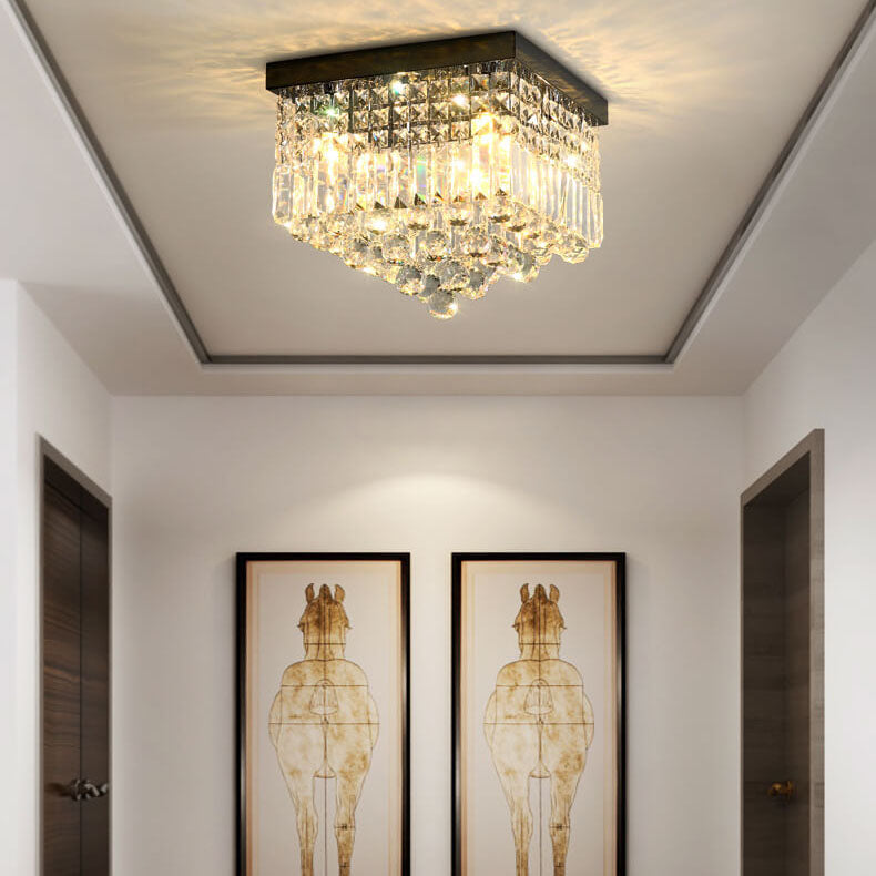 Traditional European Square Crystal Beaded Curtain 4-Light Flush Mount Ceiling Light For Living Room