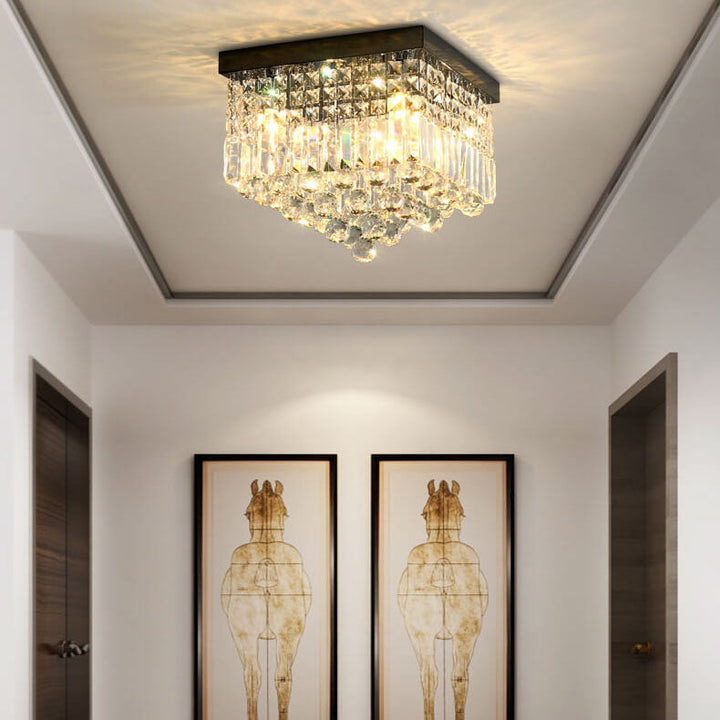 Traditional European Square Crystal Beaded Curtain 4-Light Flush Mount Ceiling Light For Living Room