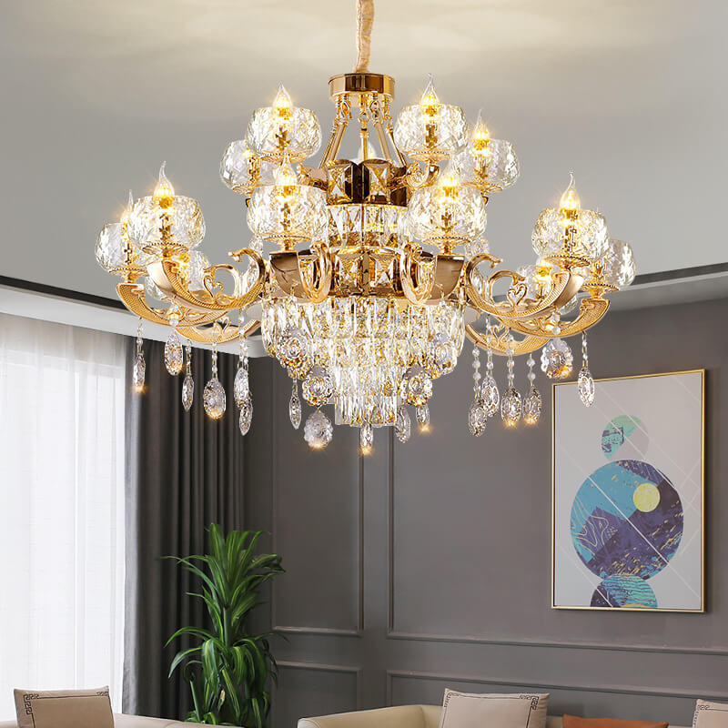 Modern Luxury Round Candelabra Zinc Alloy Crystal 9/11/14/19 Light Chandelier