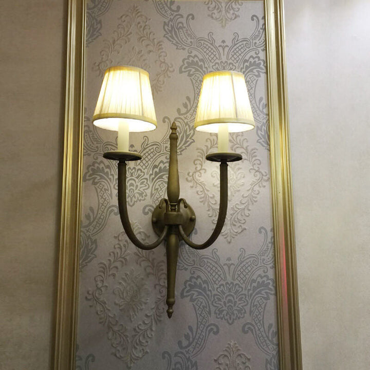 Traditional European Fabric Iron Cone Candelabra 2-Light Wall Sconce Lamp For Bedroom