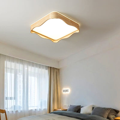 Japanische LED-Unterputz-Deckenleuchte mit quadratischem Ripple-Design aus Holz 
