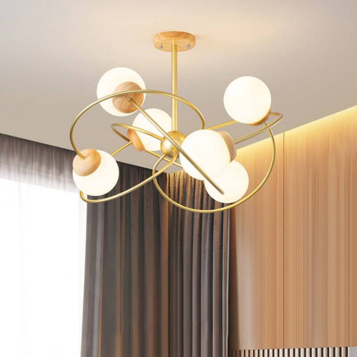 Moderner minimalistischer Orb Rubberwood Glas 4/6-Licht Insel Licht Kronleuchter 